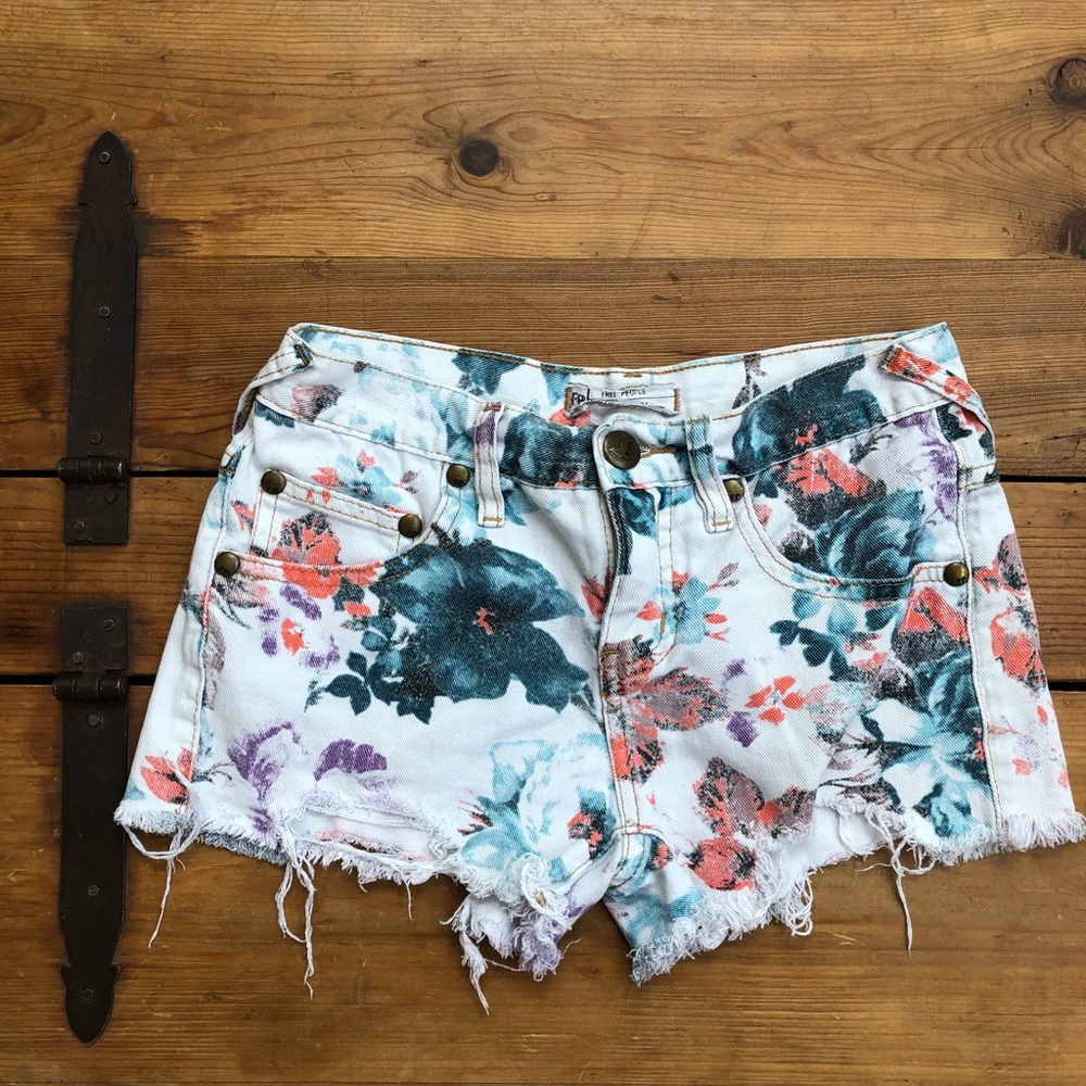 Free People Floral Denim Frayed Shorts